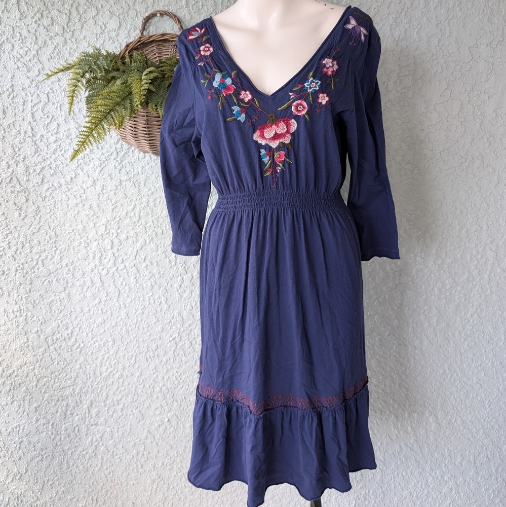 Johnny Was embroidered v neck tunic dress 3/4 sleeve women's‎ size L